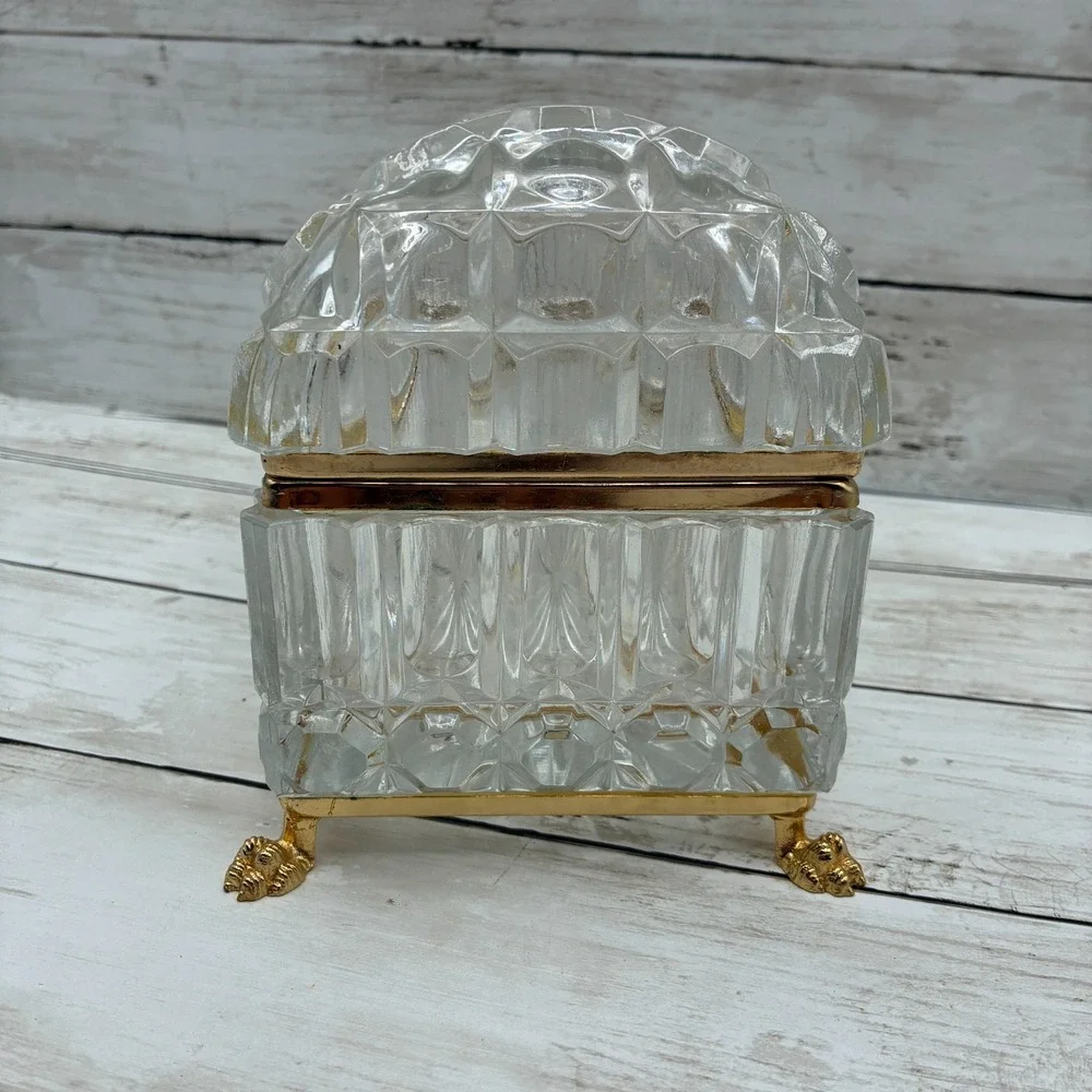 French Baccarat Style Jewelry Casket Footed Box Heavy Crystal Glass Hinged Lid